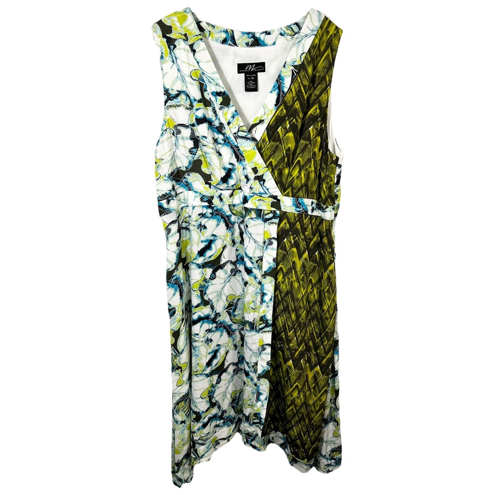 Midnight Velvet XL Dress Green White Blue Floral Sleeveless‎ Faux Wrap Boho 1104